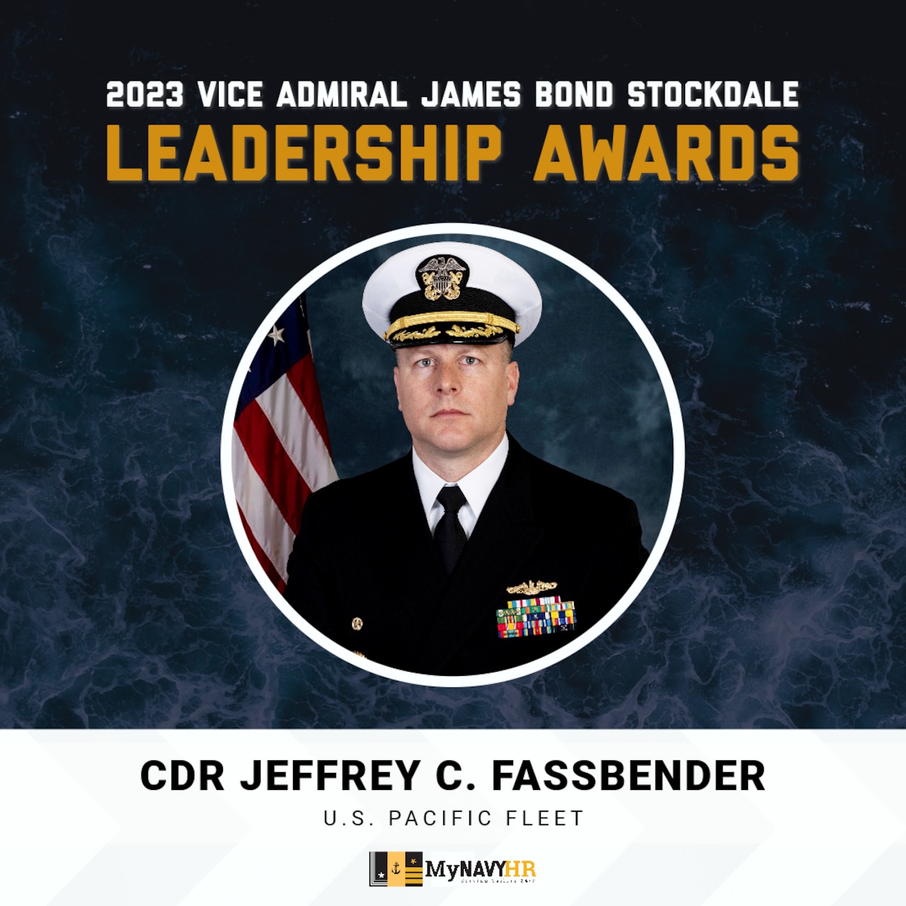 graphic highlighting Cmdr. Jeffery Fassbender of U.S. Pacific Fleet as a 2023 Stockdale Leadership Award recipient