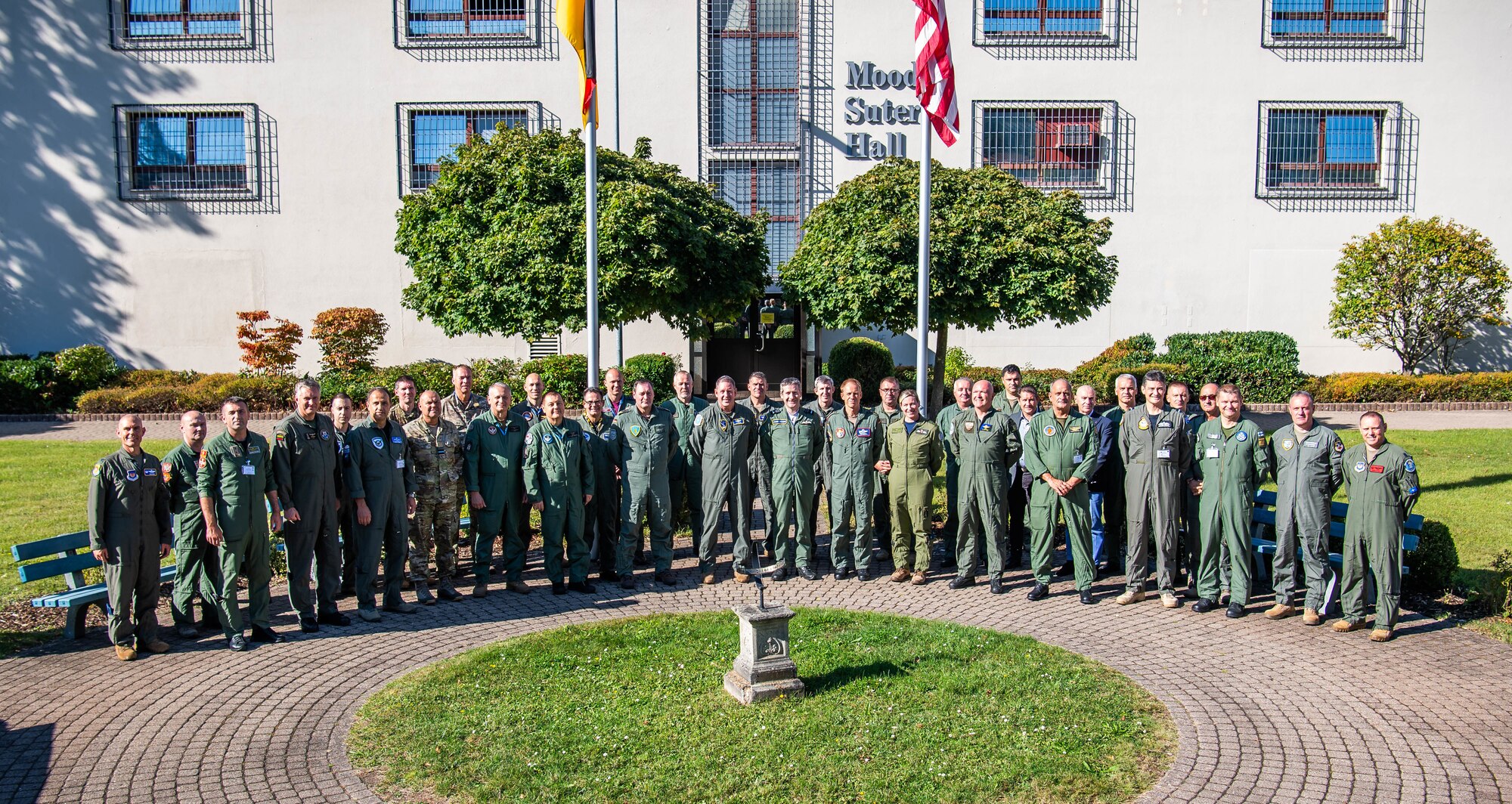 U.S. Air Force Gen. James B. Hecker, United States Air Forces in Europe, Air Forces Africa commander, NATO Air Chiefs and USAFE-AFAFRICA Warfare Center leadership pose for a photo at Einsiedlerhof Air Base, Germany, Sept. 27, 2023. UAWC leadership provided the distinguished visitors with a mission brief and a tour of the training facilities. (U.S. Air Force photo by Senior Airman Jared Lovett)