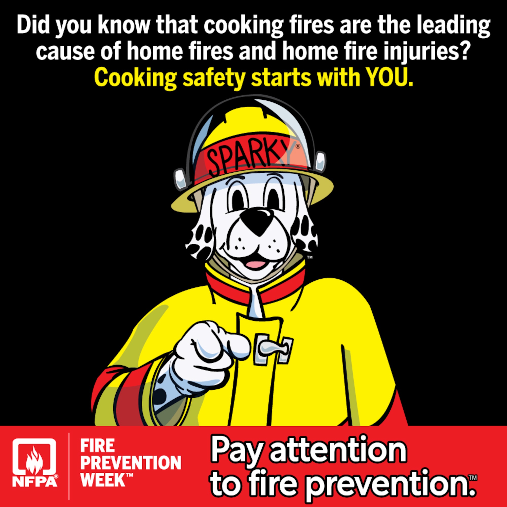 Fire Prevention Week, sponsored by the National Fire Protection Association, is Oct. 8-14. The theme of this year’s Fire Prevention Week campaign is “Cooking safety starts with YOU. Pay attention to fire prevention.” Arnold Air Force Base Fire and Emergency Services officials are urging base personnel to practice cooking safety and be aware of the dangers associated with unattended cooking. (National Fire Protection Association graphic)
