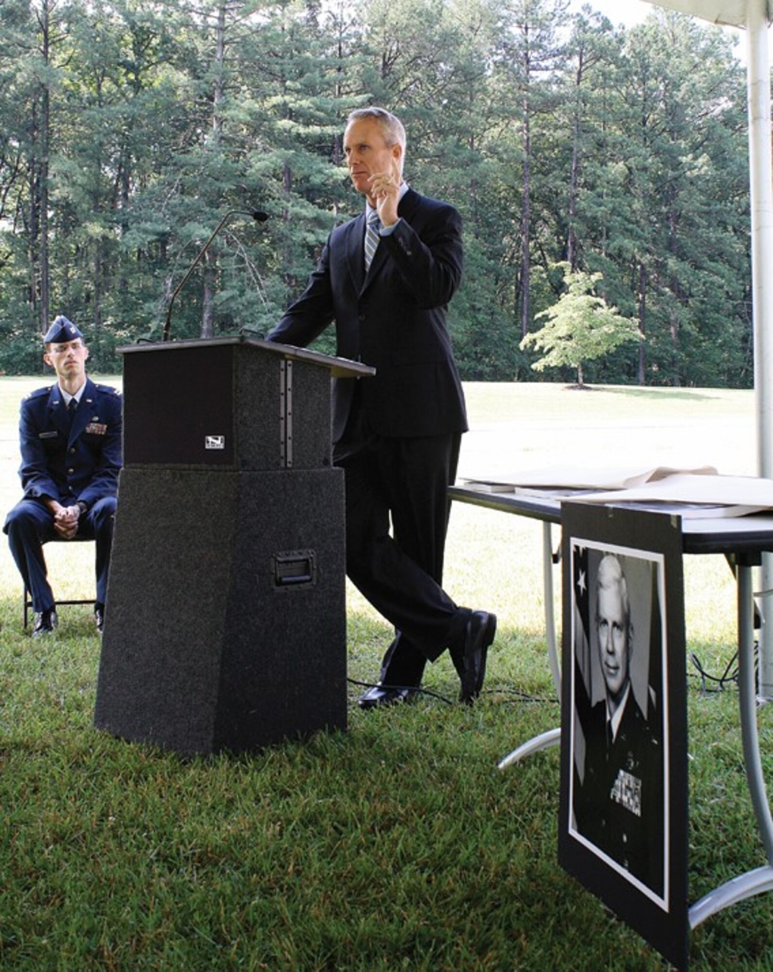 Randy Harpe, son of Maj. Gen. Winfield Harpe, speaks during the June 26, 2010, ceremony held at Arnold Air Force Base, Tenn., to dedicate the static display of the F-16 Fighting Falcon located outside one of the base gates to his father. Maj. Gen. Harpe was killed Dec. 5, 1988, when his aircraft crashed while on a training mission in Madrid, Spain. (U.S. Air Force photo by Joel Fortner)