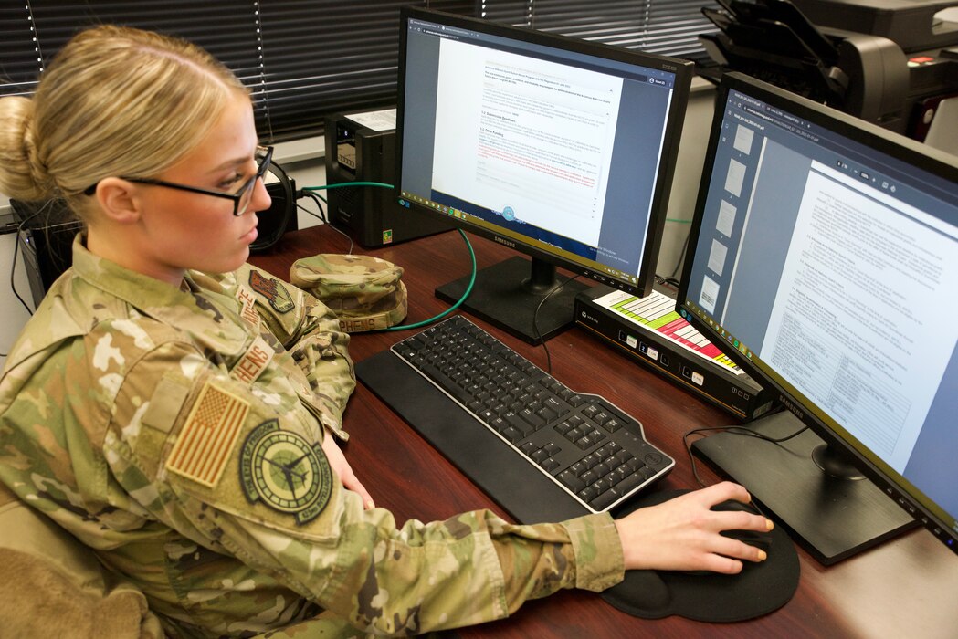U.S. Air Force Senior Airman Erin K. Stephens, geospatial imagery analyst with the 123rd Intelligence Squadron, works in the 188th Wing Innovation Lab in Fort Smith, Arkansas, December 21, 2022.