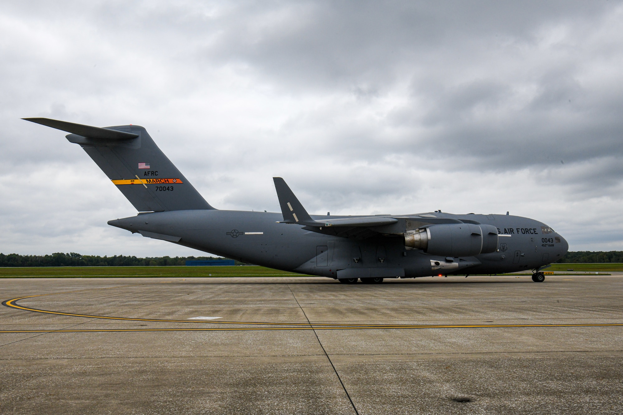 A 452nd Air Mobility Wing C-17 Globemaster III from March Air Reserve Base, California, arrives at Youngstown Air Reserve Station, Ohio, Sept. 9, 2023.
