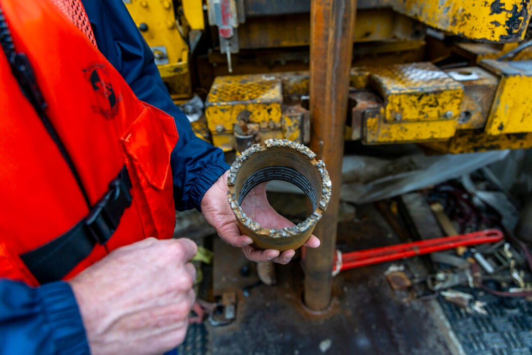 Pittsburgh District geotechnical engineers and geologists study subsurface terrain to assess bedrock for construction projects. A marine drilling crew has been working at Emsworth Locks and Dams since July to drill more than 50 boreholes. The geotechnical team will send samples to a lab to identify the bedrock hardness, strength and permeability for construction. The district plans on constructing a newer, larger lock chamber at Emsworth as part of the Upper Ohio Navigation Project.