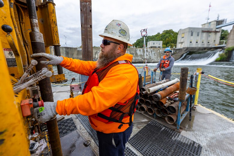 Pittsburgh District geotechnical engineers and geologists study subsurface terrain to assess bedrock for construction projects. A marine drilling crew has been working at Emsworth Locks and Dams since July to drill more than 50 boreholes. The geotechnical team will send samples to a lab to identify the bedrock hardness, strength and permeability for construction. The district plans on constructing a newer, larger lock chamber at Emsworth as part of the Upper Ohio Navigation Project.