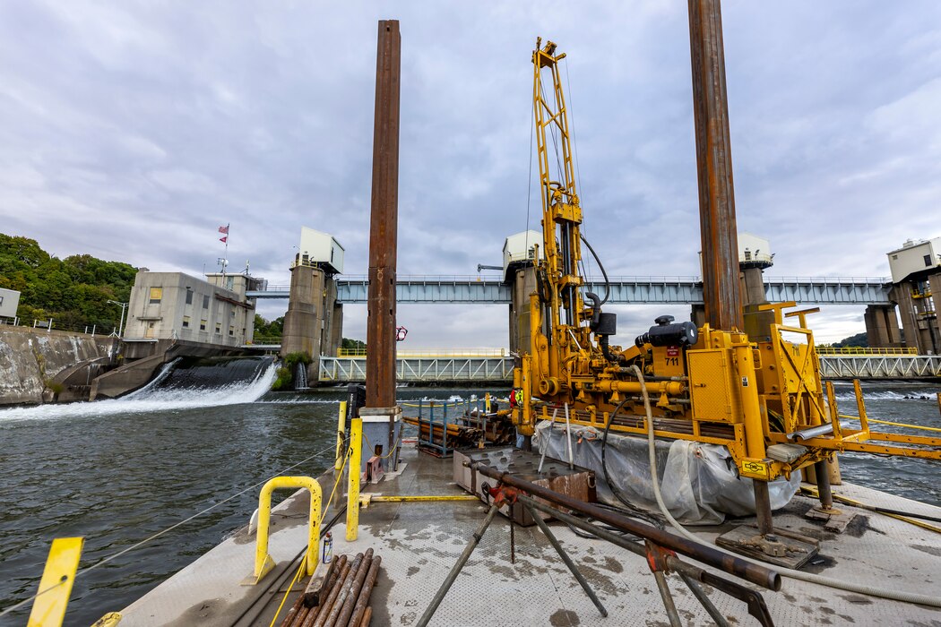 Pittsburgh District geotechnical engineers and geologists study subsurface terrain to assess bedrock for construction projects. A marine drilling crew has been working at Emsworth Locks and Dams since July to drill more than 50 boreholes. The geotechnical team will send samples to a lab to identify the bedrock hardness, strength and permeability for construction. The district plans on constructing a newer, larger lock chamber at Emsworth as part of the Upper Ohio Navigation Project.