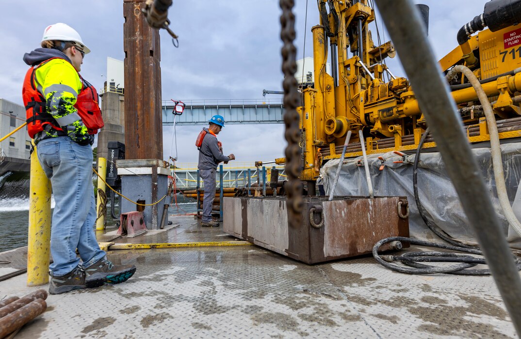 Pittsburgh District geotechnical engineers and geologists study subsurface terrain to assess bedrock for construction projects. A marine drilling crew has been working at Emsworth Locks and Dams since July to drill more than 50 boreholes. The geotechnical team will send samples to a lab to identify the bedrock hardness, strength and permeability for construction. The district plans on constructing a newer, larger lock chamber at Emsworth as part of the Upper Ohio Navigation Project.