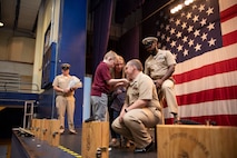 Chief Logistics Specialist Submarine Ethan Knight gets pinned during a chief petty officer pinning ceremony at Naval Base Kitsap-Bremerton, Washington Sept. 29, 2023. The rank of chief petty officer was officially established April 1, 1893, and holding the title "Chief" means a Sailor has achieved senior non-commissioned officer status. (U.S. Navy photo by Mass Communication Specialist 3rd Class Sophia H. Bumps)