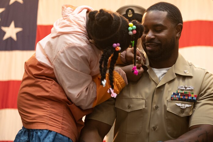 Chief Boatswain’s Mate Michael Blunt gets pinned during a chief petty officer pinning ceremony at Naval Base Kitsap-Bremerton, Washington Sept. 29, 2023. The rank of chief petty officer was officially established April 1, 1893, and holding the title "Chief" means a Sailor has achieved senior non-commissioned officer status. (U.S. Navy photo by Mass Communication Specialist 3rd Class Sophia H. Bumps)