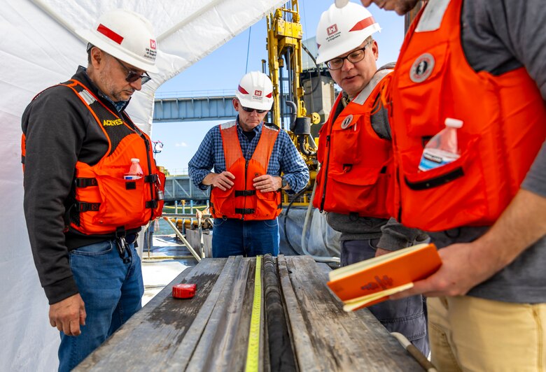 Pittsburgh District geotechnical engineers and geologists study subsurface terrain to assess bedrock for construction projects. A marine drilling crew has been working at Emsworth Locks and Dams since July to drill more than 50 boreholes. The geotechnical team will send samples to a lab to identify the bedrock hardness, strength and permeability for construction. The district plans on constructing a newer, larger lock chamber at Emsworth as part of the Upper Ohio Navigation Project.