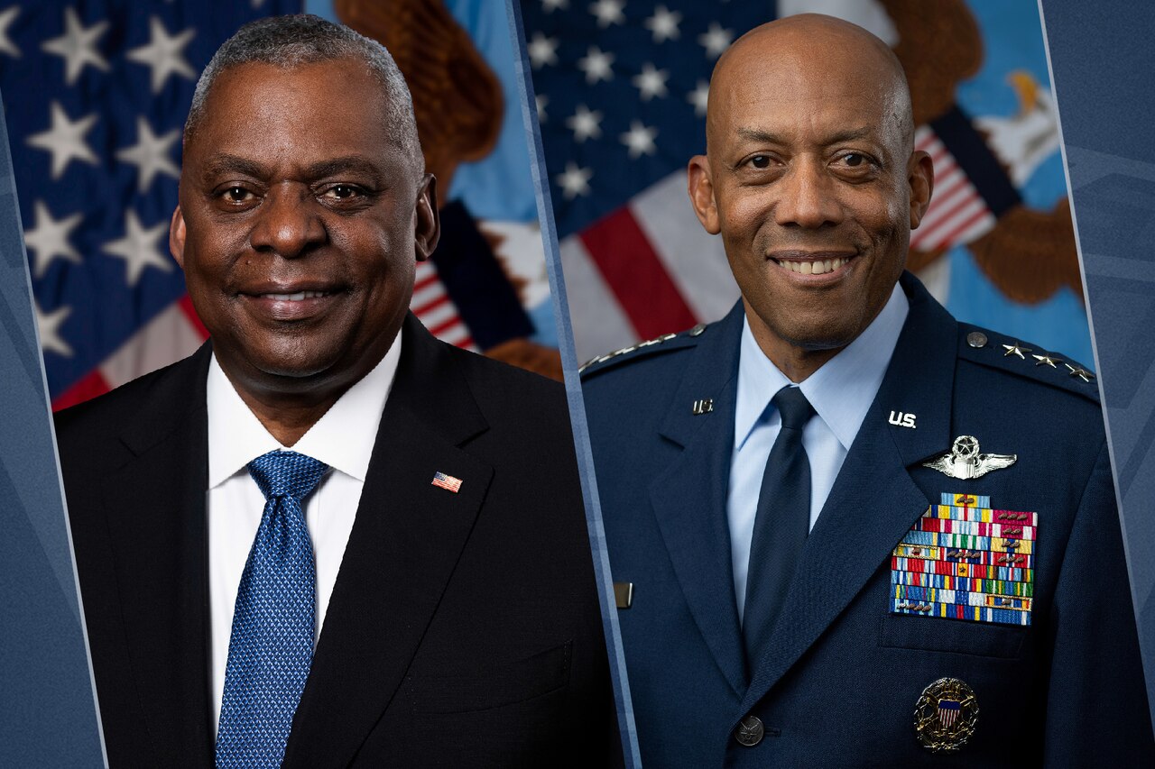 Headshots of the defense secretary and Joint Chiefs chairman on a blue background.