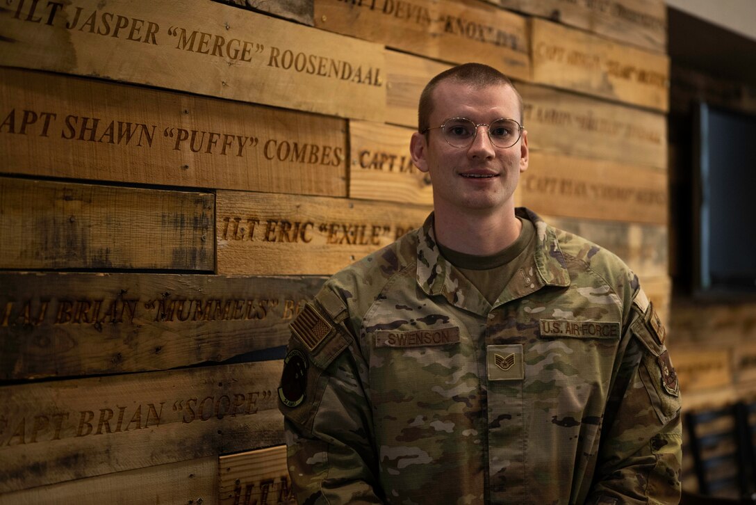 Staff Sgt. Michael Swenson, a 34th Aircraft Maintenance Squadron avionics technician, poses for a photo in the 34th Maintenance Squadron lobby at Ellsworth Air Force Base, South Dakota, Sept. 25, 2023.
