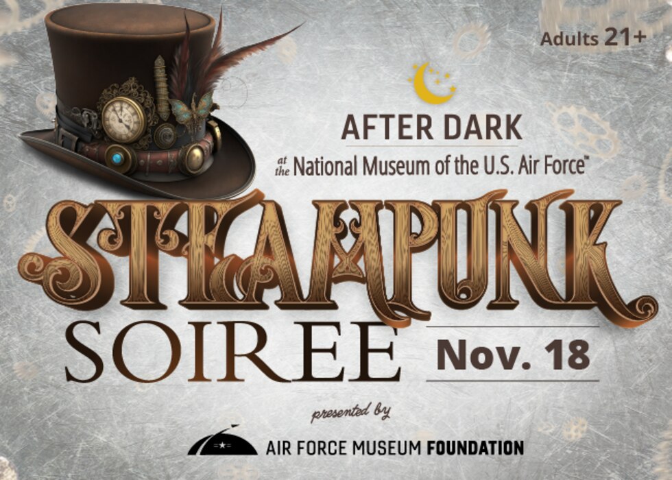 Brown top hat in a Steampunk style with feathers and a clock. Steampunk Soiree, Nov. 18, After Dark 21+ event by the Air Force Museum Foundation