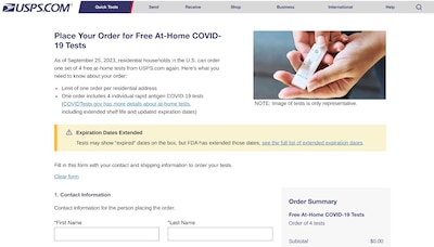 As of September 25, 2023, residential households in the U.S. can order one set of #4 free at-home tests from USPS.com again. Here's what you need to know about your order:

Limit of one order per residential address
One order includes #4 individual rapid antigen COVID-19 tests (COVIDTests.gov has more details about at-home tests, including extended shelf life and updated expiration dates)