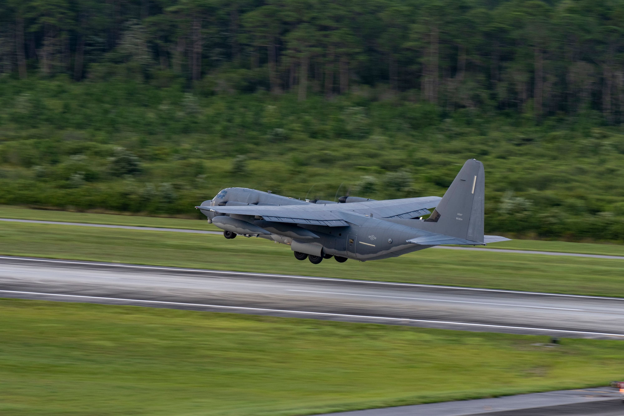 An MC-130J Commando II aircraft from the 1st Special Operations Wing takes off from Hurlburt Field, Florida, Jul. 6, 2023. The 1st Special Operation Wing, especially postured for rapid intervention in any crisis or conflict, launched two MC-130Js in support of U.S. Southern Command to enhance collective readiness, capability and contribute to regional security in the Western Hemisphere