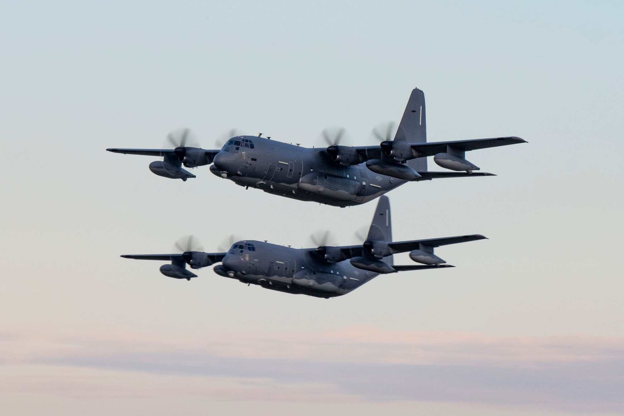 Two MC-130J Commando II aircraft from the 1st Special Operations Wing take off from Hurlburt Field, Florida, Jul. 6, 2023. The 1st Special Operation Wing, especially postured for rapid intervention in any crisis or conflict, launched two MC-130Js in support of U.S. Southern Command to enhance collective readiness, capability and contribute to regional security in the Western Hemisphere.