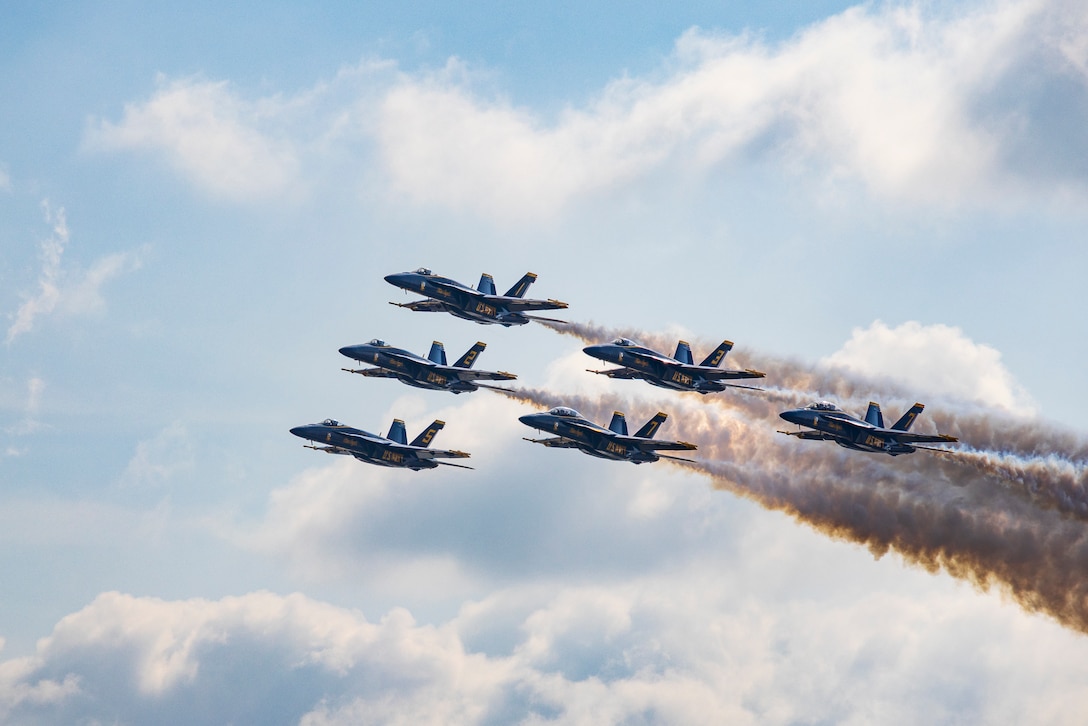 The U.S. Navy Blue Angels perform aerobatic formation maneuvers during the 2023 Marine Corps Air Station Miramar Airshow in San Diego, Sept. 21, 2023. The Blue Angels, formed in 1946, perform precision flight demonstrations in more than 70 shows at 34 locations throughout the United States each year. America's Airshow 2023 is a unique and incredible opportunity to witness Marine and joint aviation capabilities, civilian performers, and the world-famous Blue-Angels; to interact first-hand with Marines, other service members, and first responders; and to see first-hand the innovative spirit of the Marine Corps through emerging technologies and forward-thinking. (U.S. Marine Corps photo by Lance Cpl. Jackson Rush)