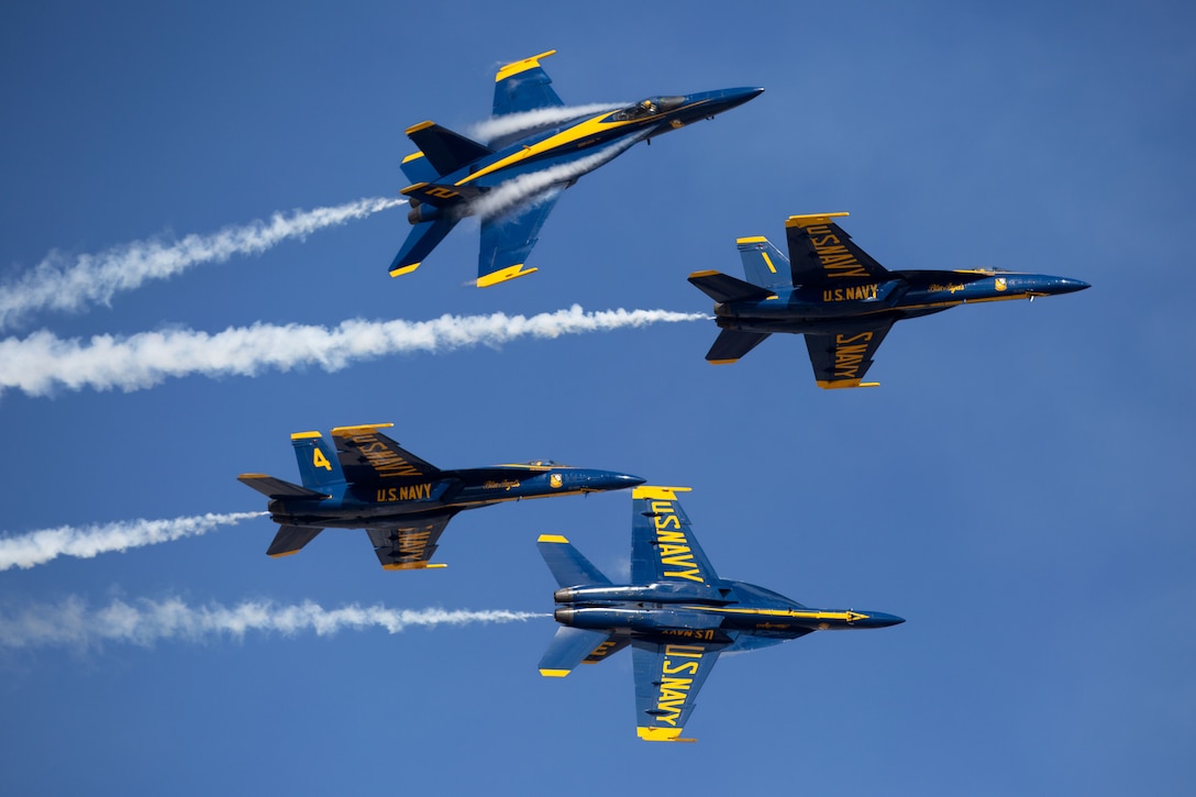 The U.S. Navy Blue Angels perform aerobatic formation maneuvers during the 2023 Marine Corps Air Station Miramar Airshow in San Diego, Sept. 23, 2023. The Blue Angels, formed in 1946, perform precision flight demonstrations in more than 70 shows at 34 locations throughout the United States each year. America's Airshow 2023 is a unique and incredible opportunity to witness Marine and joint aviation capabilities, civilian performers, and the world-famous Blue Angels; to interact first-hand with Marines, other service members, and first responders; and to see first-hand the innovative spirit of the Marine Corps through emerging technologies and forward-thinking. (U.S. Marine Corps photo by Lance Cpl. Robert F. Picone Jr.)