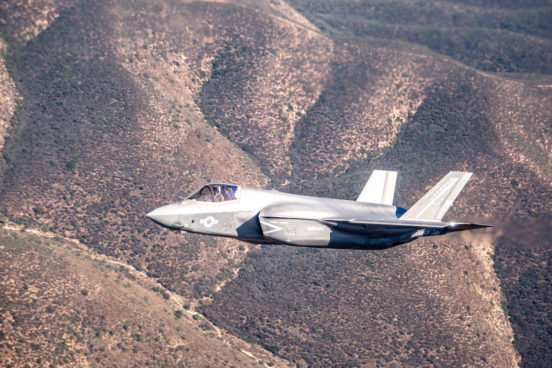 A U.S Marine Corps F-35B Lightning II with 3rd Marine Aircraft Wing, I Marine Expeditionary Force, conducts an aerial demonstration during the Marine Air-Ground Task Force (MAGTF) demonstration during the 2023 Marine Corps Air Station Miramar Airshow in San Diego, Sept. 24, 2023. The MAGTF Demo displays the coordinated use of close-air support, armor, artillery and infantry forces and provides a visual representation of how the Marine Corps operates. America's Airshow 2023 is a unique and incredible opportunity to witness Marine and joint aviation capabilities, civilian performers, and the world-famous Blue Angels; to interact first-hand with Marines, other service members, and first responders; and to see first-hand the innovative spirit of the Marine Corps through emerging technologies and forward-thinking. (U.S. Marine Corps photo by Pfc. Seferino Gamez)