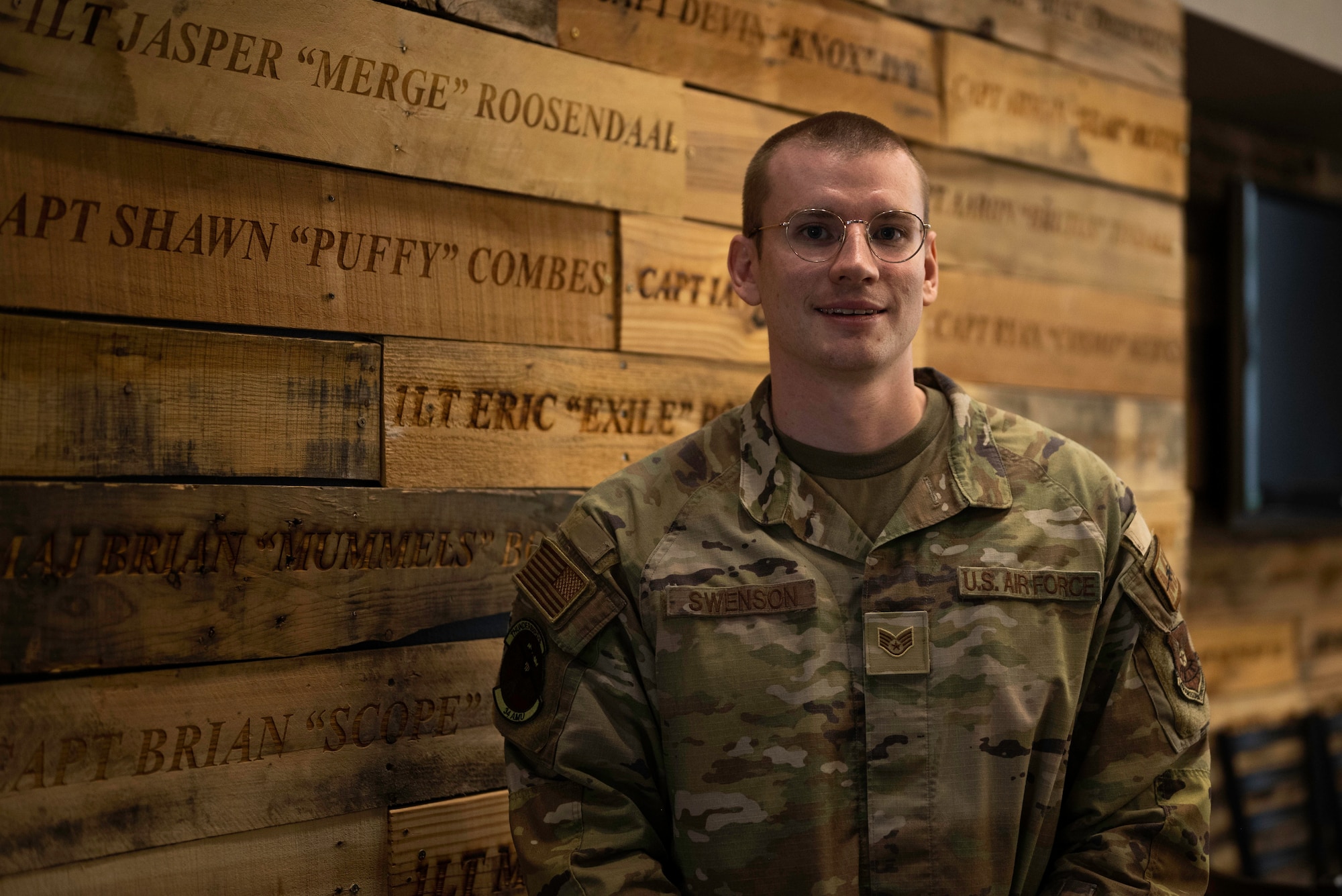 Staff Sgt. Michael Swenson, a 34th Aircraft Maintenance Squadron avionics technician, poses for a photo in the 34th Maintenance Squadron lobby at Ellsworth Air Force Base, South Dakota, Sept. 25, 2023.
