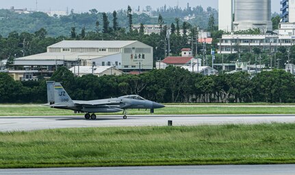 An F-15C Eagle assigned to the 144th Fighter Wing, Fresno Air Base, California, arrives at Kadena Air Base