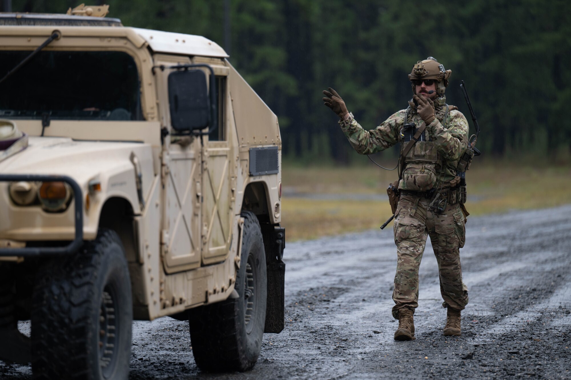 U.S. Air Force Airmen assigned to Joint Base McGuire-Dix-Lakehurst, explosive ordnance disposal technicians from the 87th Civil Engineer Squadron, prepare to dispose of the training unexploded ordinance at Joint Base McGuire-Dix-Lakehurst, N.J., on Sept 26, 2023. The EOD technicians are trained to clear unexploded ordinance from an improvised flight line. (U.S. Air Force photo by Airman 1st Class Aidan Thompson)