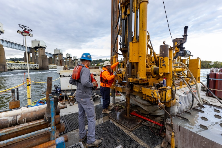 Pittsburgh District geotechnical engineers and geologists study subsurface terrain to assess bedrock for construction projects. A marine drilling crew has been working at Emsworth Locks and Dams since July to drill more than 50 boreholes. The geotechnical team will send samples to a lab to identify the bedrock hardness, strength and permeability for construction. The district plans on constructing a newer, larger lock chamber at Emsworth as part of the Upper Ohio Navigation Project.