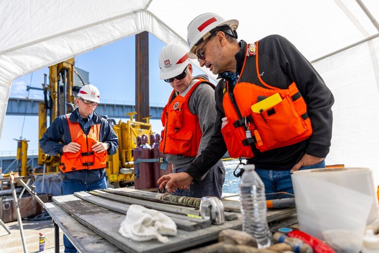 Pittsburgh District geotechnical engineers and geologists study subsurface terrain to assess bedrock for construction projects. A marine drilling crew has been working at Emsworth Locks and Dams since July to drill more than 50 boreholes. The geotechnical team will send samples to a lab to identify the bedrock hardness, strength and permeability for construction. The district plans on constructing a newer, larger lock chamber at Emsworth as part of the Upper Ohio Navigation Project.