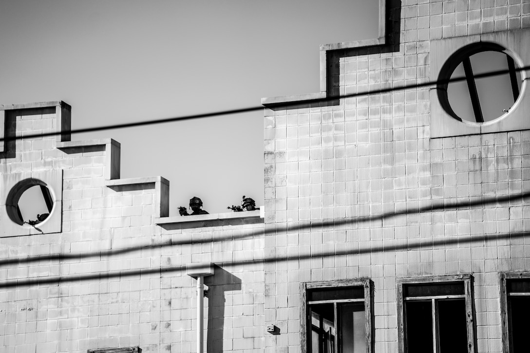 Soldiers and airmen point their weapons from different parts of a building.