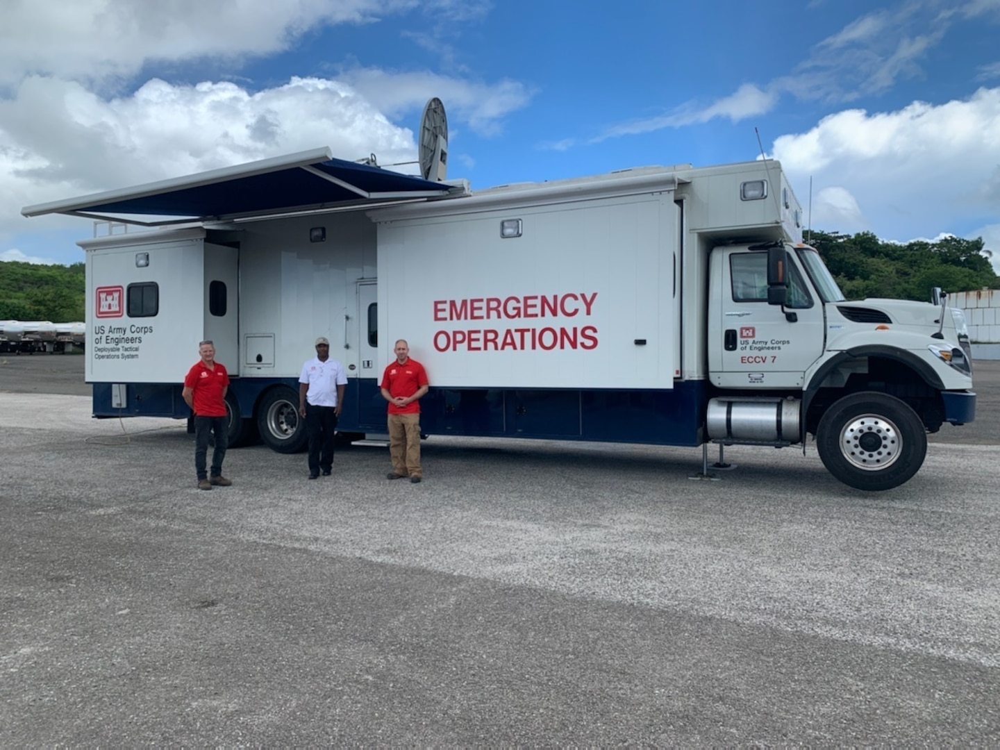 The U.S. Army Corps of Engineers Deployable Tactical Operating System (DTOS) communications units or Engineer Command and Control Vehicle from the U.S. Army Corps of Engineers Mobile District ECCV7 was pre-staged in Puerto Rico for rapid emergency response during Hurricane Season. Defense Logistics Agency Troop Support’s Construction and Equipment supply chain recently awarded a contract that will provide the USACE with six new ECCVs with upgraded communications systems and military air transport capabilities.