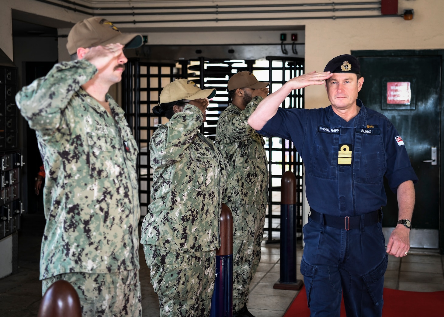 Royal Navy Vice Adm. Andrew Burns OBE, fleet commander of the Royal Navy, meets with Vice Adm. Thomas Ishee, not pictured, commander of U.S. 6th Fleet, in front of the U.S. Naval Forces Europe-Africa (NAVEUR-NAVAF) and U.S. 6th Fleet headquarters on Naval Support Activity Naples, Italy, Oct. 4, 2023. NAVEUR-NAVAF operates U.S. naval forces in the U.S. European Command (USEUCOM) and U.S. Africa Command (USAFRICOM) areas of responsibility. U.S. 6th Fleet is permanently assigned to NAVEUR-NAVAF, and employs maritime forces through the full spectrum of joint and naval operations. (U.S. Navy photo by Mass Communication Specialist 1st Class Cameron C. Edy)