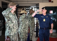 Royal Navy Vice Adm. Andrew Burns OBE, fleet commander of the Royal Navy, meets with Vice Adm. Thomas Ishee, not pictured, commander of U.S. 6th Fleet, in front of the U.S. Naval Forces Europe-Africa (NAVEUR-NAVAF) and U.S. 6th Fleet headquarters on Naval Support Activity Naples, Italy, Oct. 4, 2023. NAVEUR-NAVAF operates U.S. naval forces in the U.S. European Command (USEUCOM) and U.S. Africa Command (USAFRICOM) areas of responsibility. U.S. 6th Fleet is permanently assigned to NAVEUR-NAVAF, and employs maritime forces through the full spectrum of joint and naval operations. (U.S. Navy photo by Mass Communication Specialist 1st Class Cameron C. Edy)