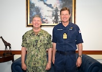 Royal Navy Vice Adm. Andrew Burns OBE, right, fleet commander of the Royal Navy, meets with Vice Adm. Thomas Ishee, commander of U.S. 6th Fleet, in the U.S. Naval Forces Europe-Africa (NAVEUR-NAVAF) and U.S. 6th Fleet headquarters on Naval Support Activity Naples, Italy, Oct. 4, 2023. NAVEUR-NAVAF operates U.S. naval forces in the U.S. European Command (USEUCOM) and U.S. Africa Command (USAFRICOM) areas of responsibility. U.S. 6th Fleet is permanently assigned to NAVEUR-NAVAF, and employs maritime forces through the full spectrum of joint and naval operations. (U.S. Navy photo by Mass Communication Specialist 1st Class Cameron C. Edy)