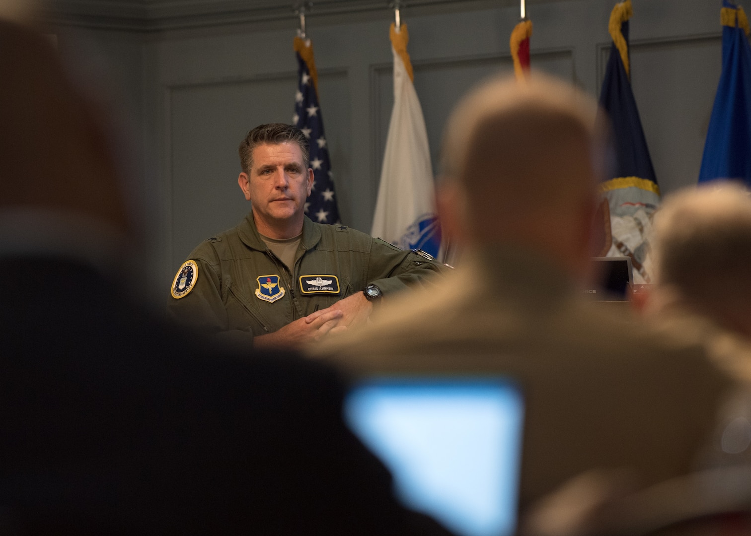 Brig. Gen. Christopher R. Amrhein, Air Force Recruiting Service commander, speaks to attendees during the annual Joint Recruiting Commanders Conference (JRCC) San Antionio, TX, Sept. 20, 2023. Recruiting leaders from all U.S. military services gathered to collaborate on recruiting strategies and discuss policies. (U.S. Air National Guard photo by Master Sgt. Devin Doskey)