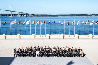 NEWPORT, R.I. (Sept. 20, 2023) – International alumni of the U.S. Naval War College, including the U.S. Secretary of the Navy Carlos Del Toro and heads of navies and coast guards pose for a photo during the 25th International Seapower Symposium (ISS) in Newport, R.I, Sept. 20. ISS is a biennial event hosted by the Office of the Chief of Naval Operations at the United States Naval War College since 1969. The symposium provides a forum for dialogue that bolsters maritime security by providing opportunities for international heads of navies and coast guards to collaborate, develop trust, and further maritime training. (U.S. Navy photo by Kristopher Burris/Released)
