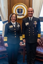 NEWPORT, R.I. (Sept. 20, 2023) – Vice Chief of Naval Operations Adm. Lisa Franchetti meets with Commander of the Turkish Naval Forces Admiral Ercüment Tatlioglu during the 25th International Seapower Symposium (ISS), in Newport, R.I, Sept. 20. ISS is a biennial event hosted by the Office of the Chief of Naval Operations (CNO) at the United States Naval War College since 1969. The symposium provides a forum for dialogue that bolsters maritime security by providing opportunities for international heads of navies and coast guards to collaborate, develop trust, and further maritime training. (U.S. Navy photo by Chief Mass Communication Specialist Amanda Gray/Released)