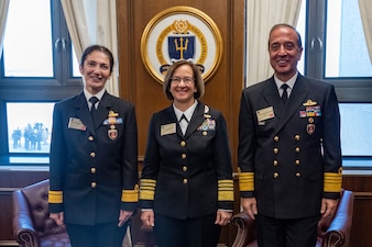 NEWPORT, R.I. (Sept. 20, 2023) – Vice Chief of Naval Operations Adm. Lisa Franchetti meets with Director of Defense Planning and Project Management Directorate Rear Adm. Gökçen Firat and Commander of the Turkish Naval Forces Admiral Ercüment Tatlioglu during the 25th International Seapower Symposium (ISS), in Newport, R.I, Sept. 20. ISS is a biennial event hosted by the Office of the Chief of Naval Operations (CNO) at the United States Naval War College since 1969. The symposium provides a forum for dialogue that bolsters maritime security by providing opportunities for international heads of navies and coast guards to collaborate, develop trust, and further maritime training. (U.S. Navy photo by Chief Mass Communication Specialist Amanda Gray/Released)