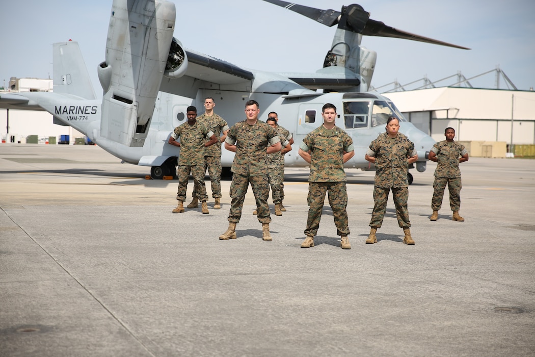 U.S. Marines with Site Support New River, Marine Aircraft Group 49 (MAG-49), pose for a group photo on Marine Corps Air Station New River in Jacksonville, North Carolina, May 5, 2023. Site Support New River provides support for MAG-49 during expeditionary operations.