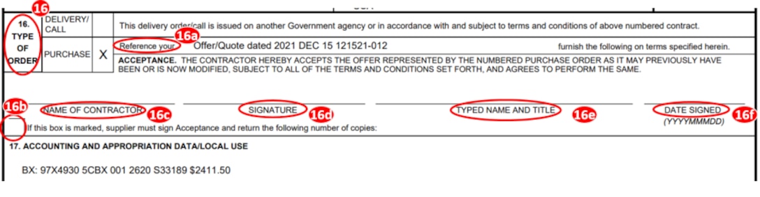Sections of box 16 of the DD1155 for Type of Order information. See adjacent text or context for equivalent information of image.