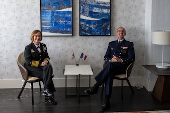 NEWPORT, R.I. (Sept. 19, 2023) – Vice Chief of Naval Operations Adm. Lisa Franchetti meets with Chief of the French Naval Operations Admiral Nicolas Robert Marie Vaujour during the 25th International Seapower Symposium (ISS), in Newport, R.I, Sept. 19. ISS is a biennial event hosted by the Office of the Chief of Naval Operations (CNO) at the United States Naval War College since 1969. The symposium provides a forum for dialogue that bolsters maritime security by providing opportunities for international heads of navies and coast guards to collaborate, develop trust, and further maritime training. (U.S. Navy photo by Chief Mass Communication Specialist Amanda Gray/Released)