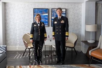 NEWPORT, R.I. (Sept. 19, 2023) – Vice Chief of Naval Operations Adm. Lisa Franchetti meets with Chief of Staff of the Japan Maritime Self-Defense Force Admiral Ryo Sakai during the 25th International Seapower Symposium (ISS), in Newport, R.I, Sept. 19. ISS is a biennial event hosted by the Office of the Chief of Naval Operations (CNO) at the United States Naval War College since 1969. The symposium provides a forum for dialogue that bolsters maritime security by providing opportunities for international heads of navies and coast guards to collaborate, develop trust, and further maritime training. (U.S. Navy photo by Chief Mass Communication Specialist Amanda Gray/Released)
