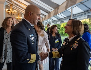 NEWPORT, R.I. (Sept. 19, 2023) – Vice Chief of Naval Operations Adm. Lisa Franchetti meets with Commander in Chief, Israeli Navy, Vice Admiral David Saar Salama at the welcoming reception of the 25th International Seapower Symposium (ISS), in Newport, R.I, Sept. 19. ISS is a biennial event hosted by the Office of the Chief of Naval Operations at the United States Naval War College since 1969. The symposium provides a forum for dialogue that bolsters maritime security by providing opportunities for international heads of navies and coast guards to collaborate, develop trust, and further maritime training. (U.S. Navy photo by Chief Mass Communication Specialist Amanda Gray/Released)