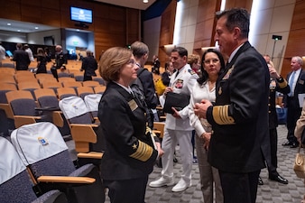 NEWPORT, R.I. (Sept. 20, 2023) – Vice Chief of Naval Operations Adm. Lisa Franchetti meets with Commander of the Colombian Navy Adm. Francisco Hernando Cubides Granados for during the 25th International Seapower Symposium (ISS), in Newport, R.I, Sept. 20. ISS is a biennial event hosted by the Office of the Chief of Naval Operations (CNO) at the United States Naval War College since 1969. The symposium provides a forum for dialogue that bolsters maritime security by providing opportunities for international heads of navies and coast guards to collaborate, develop trust, and further maritime training. (U.S. Navy photo by Chief Mass Communication Specialist Amanda Gray/Released)