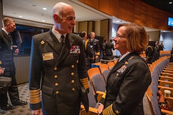 NEWPORT, R.I. (Sept. 20, 2023) – Vice Chief of Naval Operations Adm. Lisa Franchetti meets with Commander in Chief of the Chilean Navy Admiral Juan Andrés De La Maza Larraín during the 25th International Seapower Symposium (ISS), in Newport, R.I, Sept. 20. ISS is a biennial event hosted by the Office of the Chief of Naval Operations (CNO) at the United States Naval War College since 1969. The symposium provides a forum for dialogue that bolsters maritime security by providing opportunities for international heads of navies and coast guards to collaborate, develop trust, and further maritime training. (U.S. Navy photo by Chief Mass Communication Specialist Amanda Gray/Released)