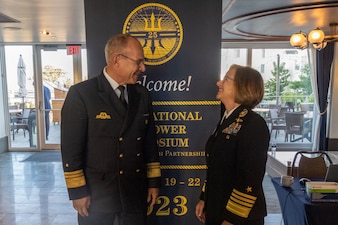 NEWPORT, R.I. (Sept. 21, 2023) – Vice Chief of Naval Operations Adm. Lisa Franchetti meets with Chief of the German Navy Vice Adm. Jan Christian Kaack for during the 25th International Seapower Symposium (ISS), in Newport, R.I, Sept. 21. ISS is a biennial event hosted by the Office of the Chief of Naval Operations (CNO) at the United States Naval War College since 1969. The symposium provides a forum for dialogue that bolsters maritime security by providing opportunities for international heads of navies and coast guards to collaborate, develop trust, and further maritime training. (U.S. Navy photo by Chief Mass Communication Specialist Amanda Gray/Released)