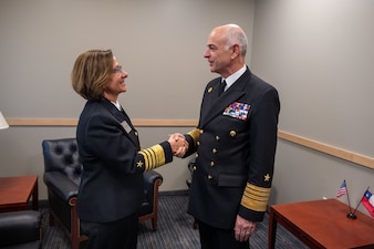 NEWPORT, R.I. (Sept. 21, 2023) – Vice Chief of Naval Operations Adm. Lisa Franchetti meets with Commander in Chief of the Chilean Navy Adm. Juan Andrés De La Maza Larraín during the 25th International Seapower Symposium (ISS), in Newport, R.I, Sept. 21. ISS is a biennial event hosted by the Office of the Chief of Naval Operations (CNO) at the United States Naval War College since 1969. The symposium provides a forum for dialogue that bolsters maritime security by providing opportunities for international heads of navies and coast guards to collaborate, develop trust, and further maritime training. (U.S. Navy photo by Chief Mass Communication Specialist Amanda Gray/Released)