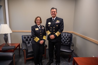NEWPORT, R.I. (Sept. 21, 2023) – Vice Chief of Naval Operations Adm. Lisa Franchetti meets with Commander of the Colombian Navy Adm. Francisco Hernando Cubides Granados during the 25th International Seapower Symposium (ISS), in Newport, R.I, Sept. 21. ISS is a biennial event hosted by the Office of the Chief of Naval Operations (CNO) at the United States Naval War College since 1969. The symposium provides a forum for dialogue that bolsters maritime security by providing opportunities for international heads of navies and coast guards to collaborate, develop trust, and further maritime training. (U.S. Navy photo by Chief Mass Communication Specialist Amanda Gray/Released)
