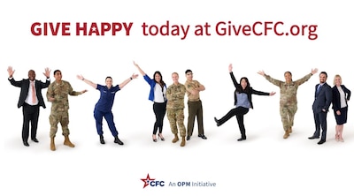 Give Happy today at givecfc.org in red letters above a group of mixed civilian and military members.