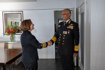 NEWPORT, R.I. (Sept. 21, 2023) – Vice Chief of Naval Operations Adm. Lisa Franchetti meets with Indian Navy Chief of the Naval Staff Adm. Hari Kumar Radhakrishnan during the 25th International Seapower Symposium (ISS), in Newport, R.I, Sept. 21. ISS is a biennial event hosted by the Office of the Chief of Naval Operations (CNO) at the United States Naval War College since 1969. The symposium provides a forum for dialogue that bolsters maritime security by providing opportunities for international heads of navies and coast guards to collaborate, develop trust, and further maritime training. (U.S. Navy photo by Chief Mass Communication Specialist Amanda Gray/Released)
