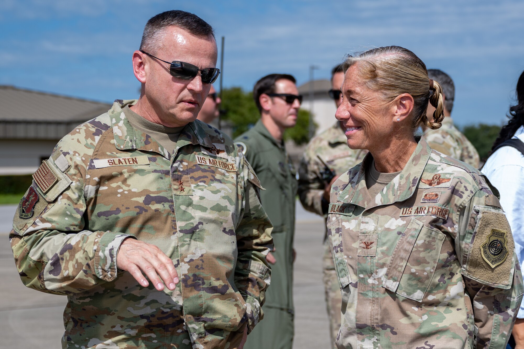 U.S. Air Force Maj. Gen. Darrin Slaten, Joint Civilian Orientation Conference senior military advisor, left, and U.S. Air Force Col. Allison Black, 1st Special Operations Wing commander, participate in the 94th JCOC at Hurlburt Field, Florida, Sept. 21, 2023. JCOC is the Department of Defense’s public liaison program, designed to provide American business and community leaders with a deeper understanding of the military by showcasing the rewards and challenges service members face both on and off the battlefield. (U.S. Air Force photo by Airman 1st Class Hussein Enaya)