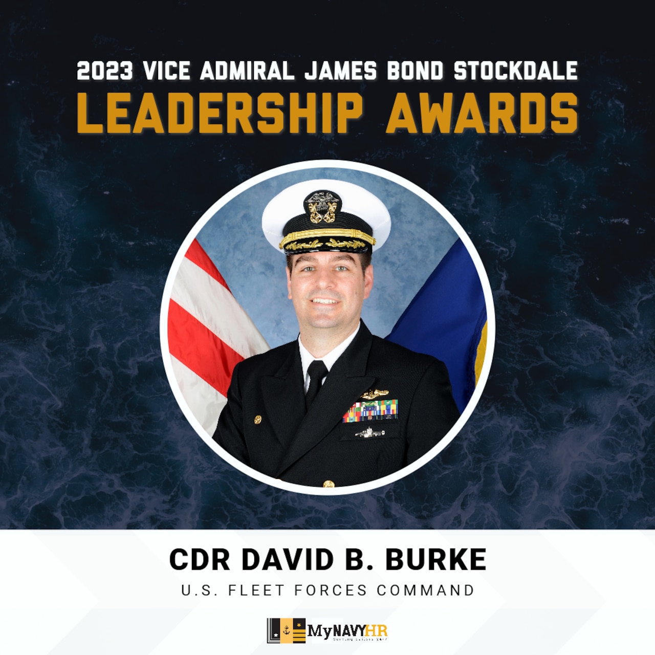 graphic highlighting Cmdr. David B. Burke, from U.S. Fleet Forces Command, as a 2023 Stockdale Leadership Award recipient